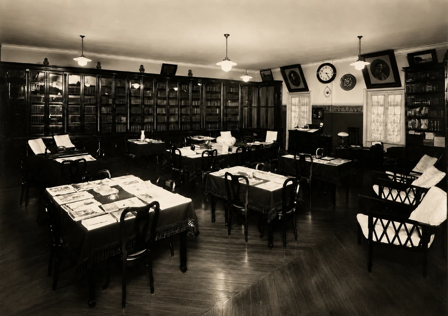Sala histórica da Biblioteca Portuguesa de São Paulo, com estantes, mesas de leitura e documentos