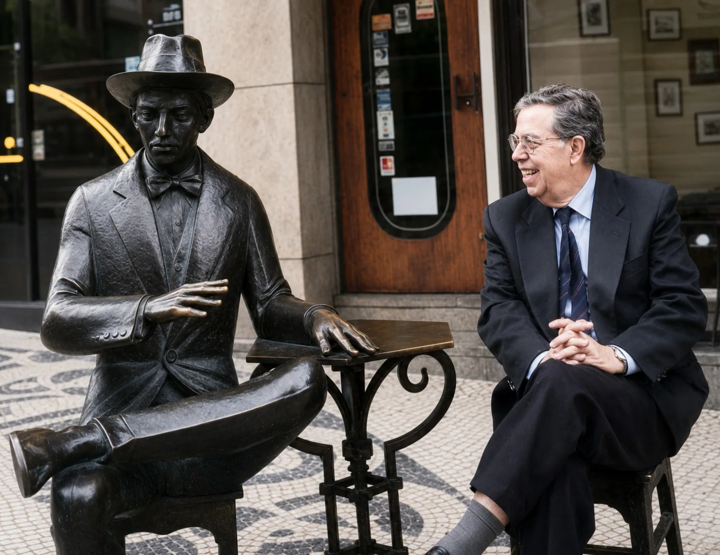 João Alves das Neves sentado ao lado da escultura de Fernando Pessoa